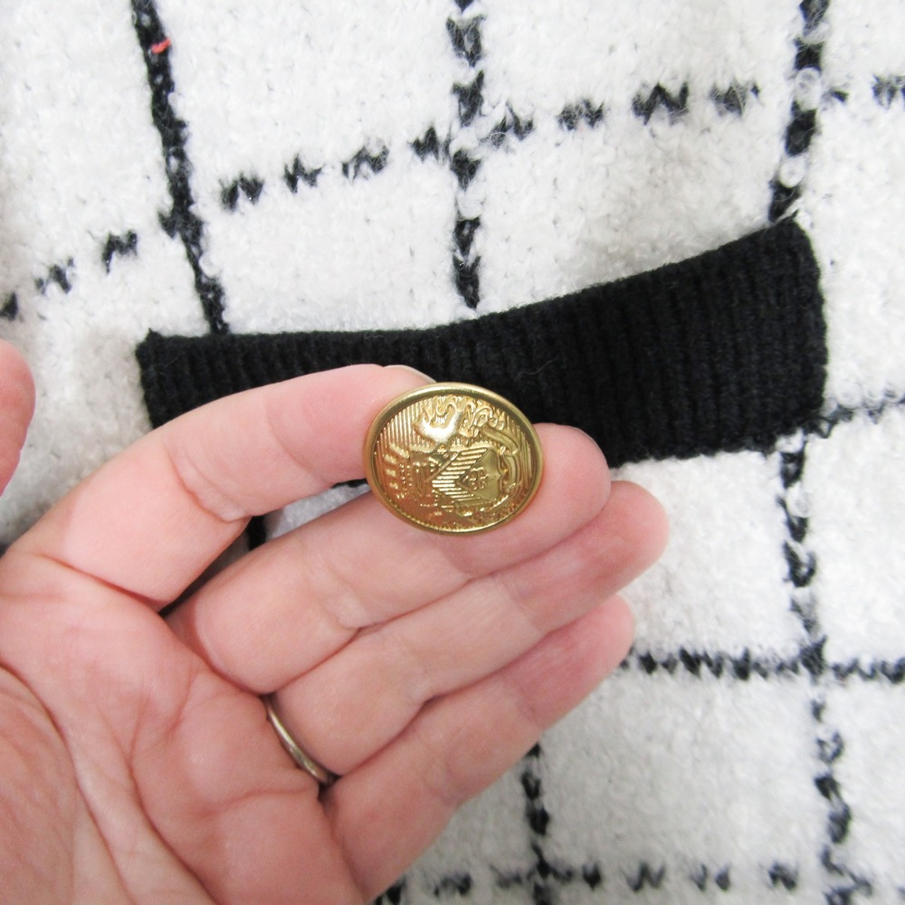 Marled Size XL Boucle Cardigan Jacket Black White Grid Gold Button Fuzzy Soft - Picture 9 of 11